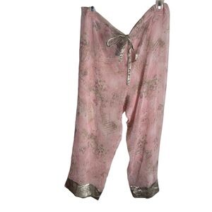 Bisou Bisou pink mauve satin semi sheer cropped sleep pants lace rosett feminine